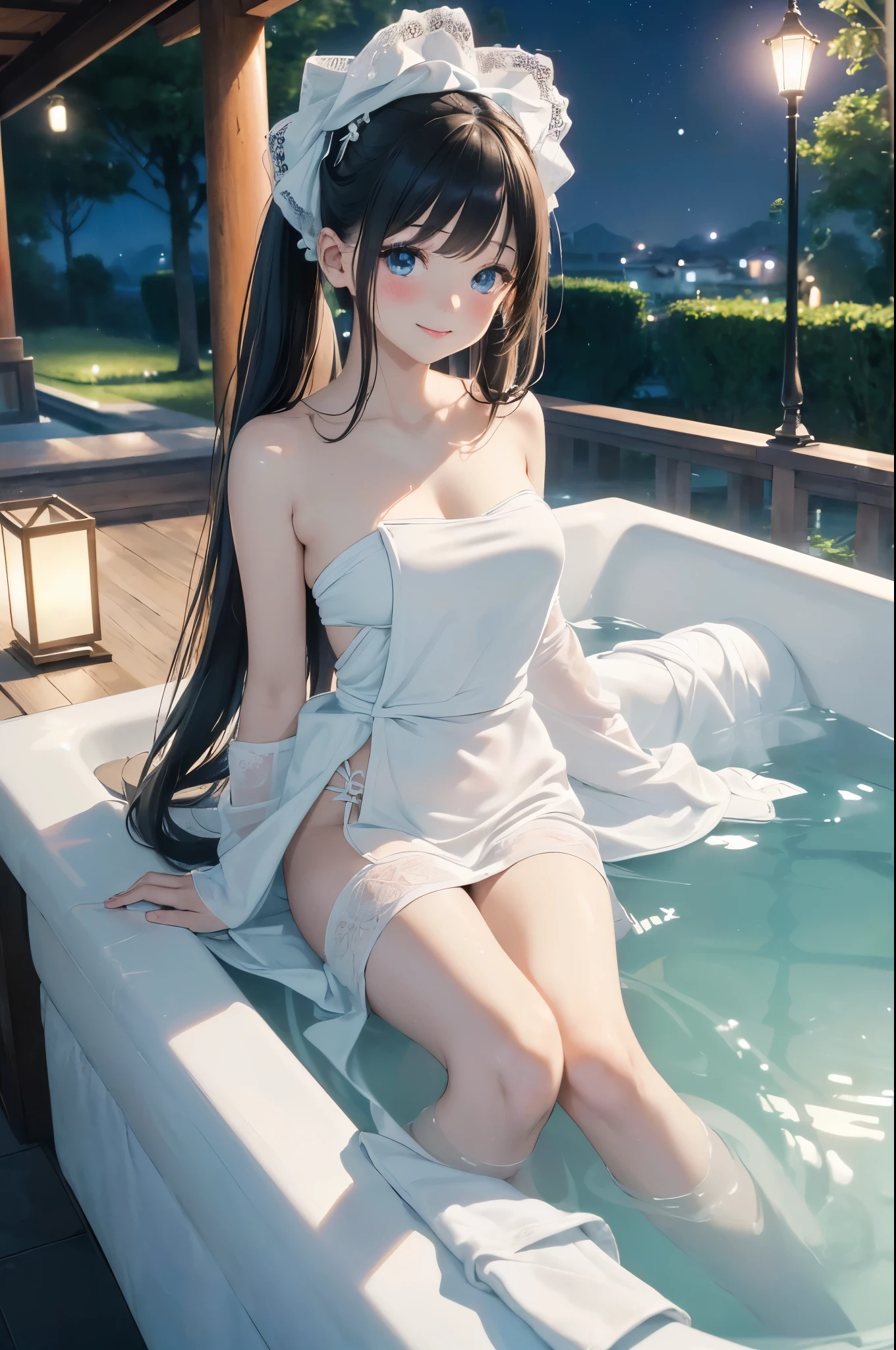 ((masterpiece)), ((highest quality、Ultra high definition)), (Very detailed),((8k、Photo quality))、((Amazingly cute girl))、(1 girl,)、Two people, , (Beautiful emerald blue eyes), ((smile)),((Ultra-luxury Japanese-style inn in Japan、A large open-air rock bath)), Beautifully arranged black hair in twin tails、Slim Body、(Cute little breasts)、(((A white bath towel is wrapped around her)))、Professional Lighting、(White lace knee-highore detailed and beautiful)、(More details and cutenesore realistic)、((Just wear light clothing))、Frolic in the pool、(Too cute)、(The embodiment of cuteness)、(Godly cuteness)、((Night view))、((It seems visible but it&#39;s not))、