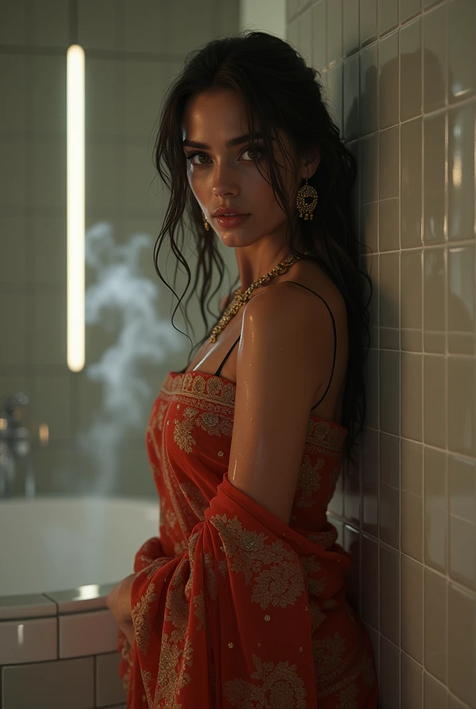 hot women age 34 in wet saree in bathroom full body image