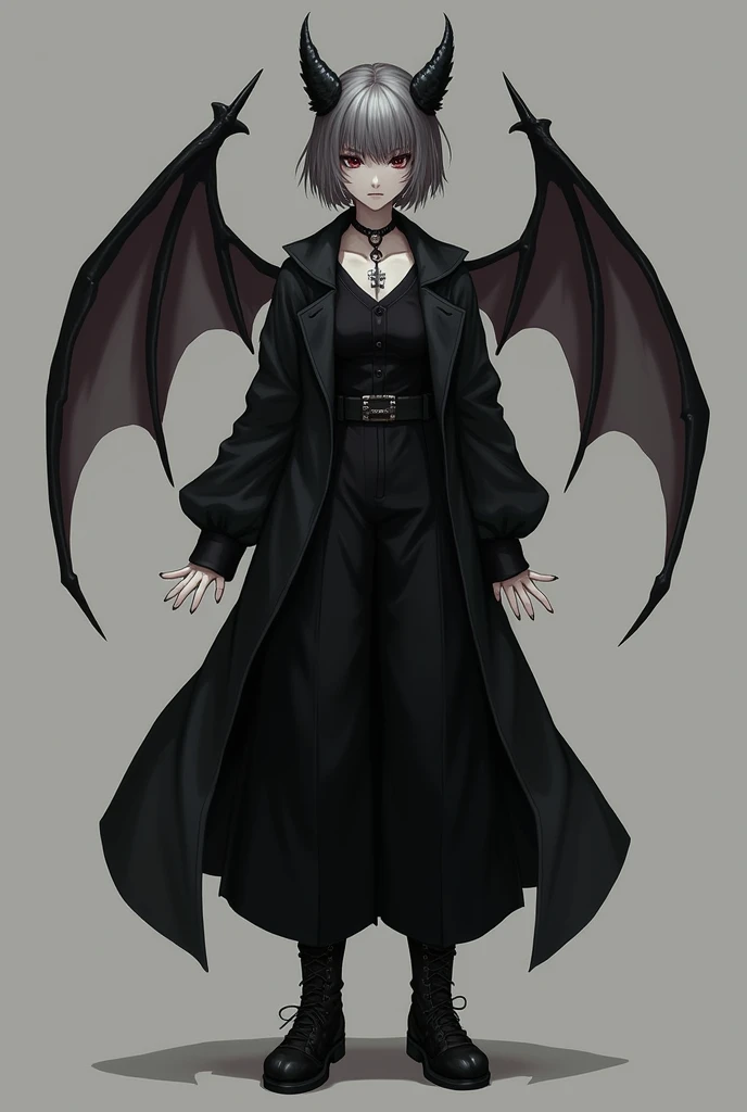 Girl, something like a demon, The biggest proof of this is always the bat wings behind their ears connected to their skull. (They are medium wings, ni tan grandes ni tan pequeñas y sin black)*
**She has her hair cut in a short wolf cut and her skin is pale., Her eyes are beautiful black and she has dark circles. He has a long jacket that reaches above his ankles., long black pants also somewhat wide, a collared, sleeveless shirt (black). Hanging from her neck is a necklace with an old key and her shoes are beautiful black boots. (Everything about her is spectacular)**