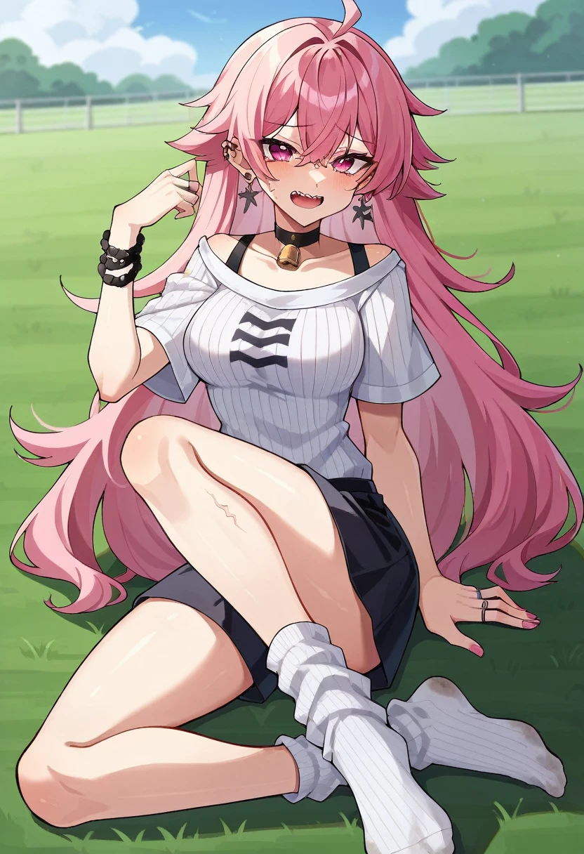 NSFW, NSFW, Loose rubber white ribbed ankle socks.score_9, score_8_superior, score_7_superior, sauce_anime, Marine Kitagawa, superiorper teeth only, Multicolored Hair, Long Hair, Magenta Eyes, ear piercing, earrings, Pink Nails, makesuperior, Beaded Bracelets, Black choker, Neck bell, ring,Kicked out of the house。Crying.field. Dirty clothes。I&#39;m dirty and embarrassed。outside of home.garden.White socks are dirty。