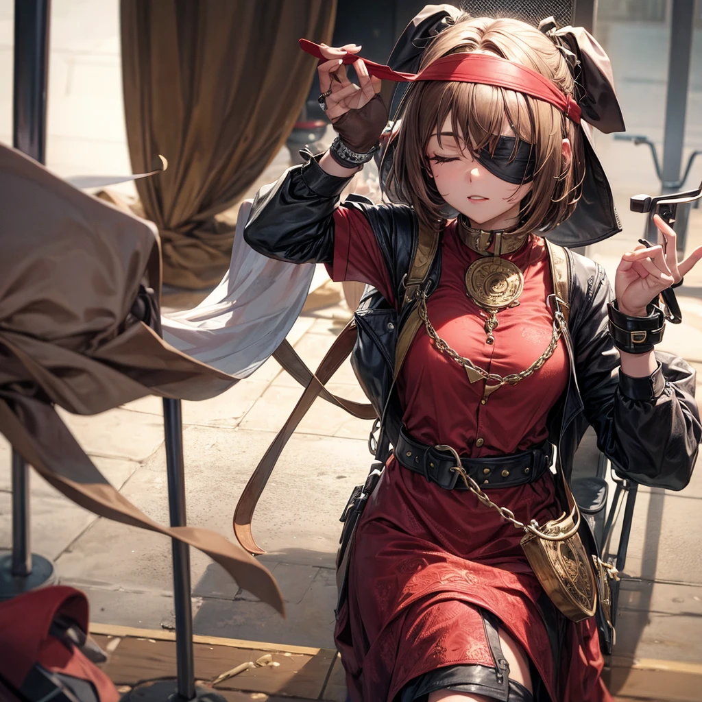 Handcuffed woman blindfolded