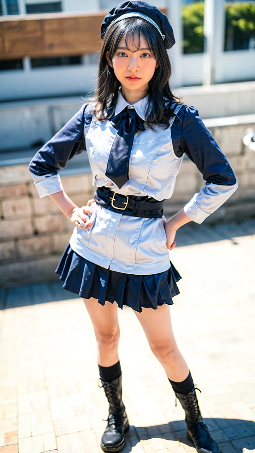 (8k、RAW Photos、Highest quality、masterpiece:1.2)、(Realistic、Realistic)、1 person、((View from the front、Black and white、Looking into the camera、check、boots、mini skirt、High school uniform、、Standing with one hand on hip、Frills、))、cute