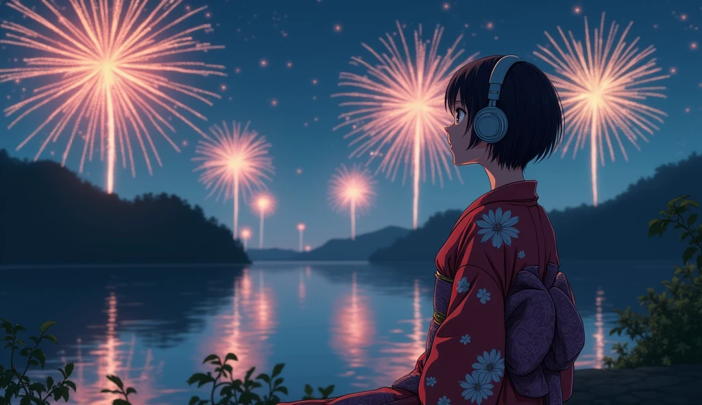 Perfect image, night、Calm atmosphere、Riverbank、Watch the fireworks、Female college student、yukata、Big Breasts、Short Hair、Use headphones、excited、looks fun、smile、2D-style animation, Lo-Fi、Retro、Anime style illustrations、Line art with clear outlines