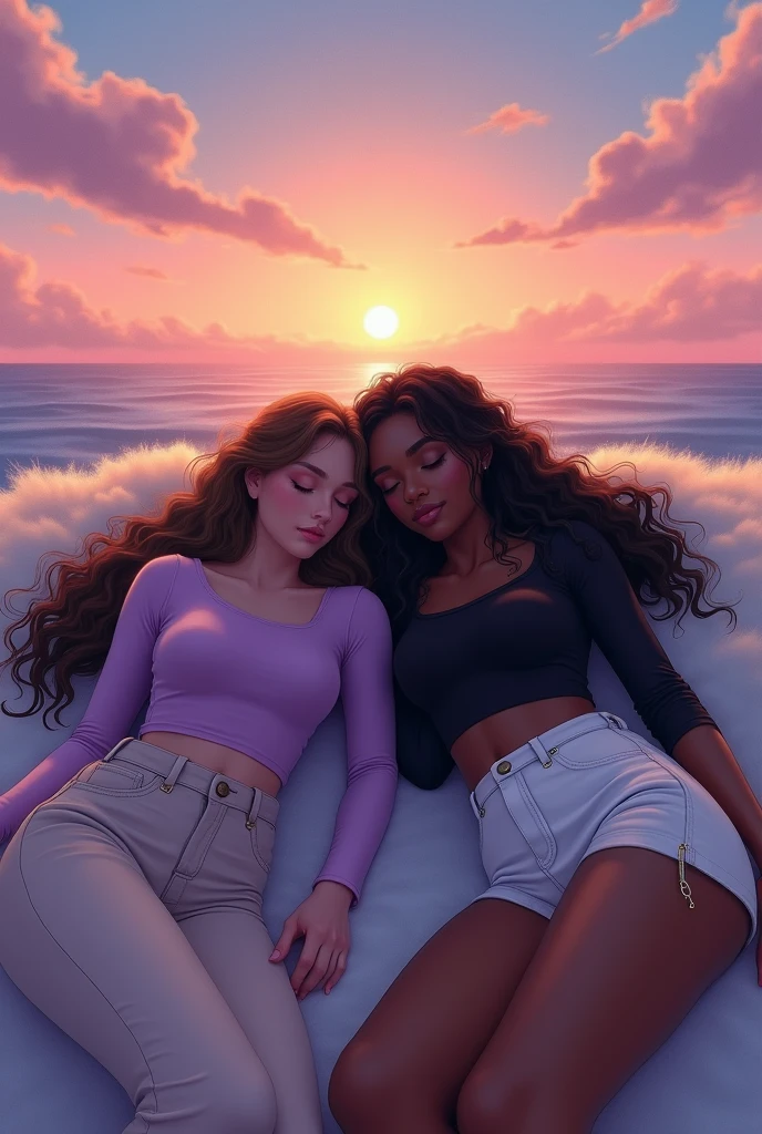 Two girls,sitting next to each other,one has her head lying down and resting on the other girl&#39;s shoulder,they're on their backs, you can&#39;t see their faces, in the sky at dusk that has a gradient from pink to orange and yellow with clouds that appear to be purple, one of them has long wavy brown hair, and wears a long-sleeved lilac blouse that is tight to her body, e umshort preto,the other is BLACK and has DARK SKIN,WITH LONG CURLY HAIR,WEARING A WHITE MICRO SKIRT,COM UM CROPPED PRETO,they're on their backs, IMPOSSIBLE TO SEE THEIR FACES