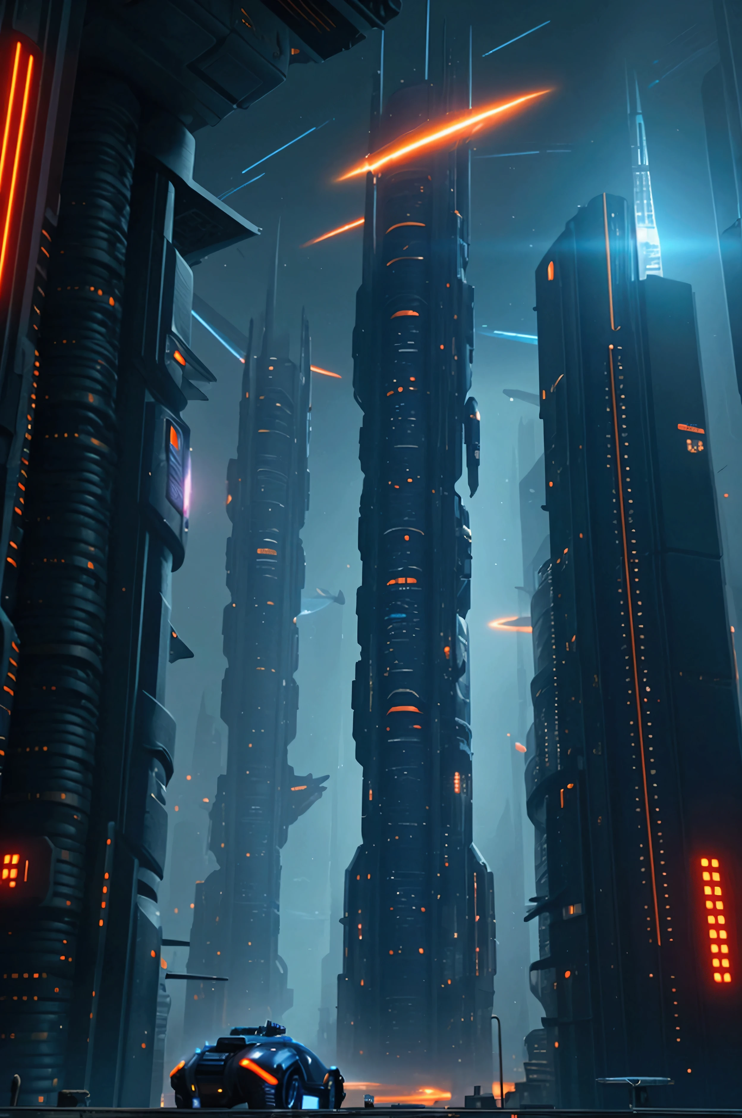 city of the future, cyberpunk, Stop Motion Style, Realistic backdrop, navy blue orange, cyber adventure, vast space, interdimensional sky, technology land, space war.