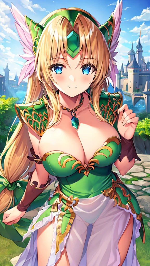 one girl,riesz,white see-through,white princess,boobs,large breasts,cute face,smiling,outdoor,castle,ruins,((high quality,masterpiece,highly detailed,fantasy))