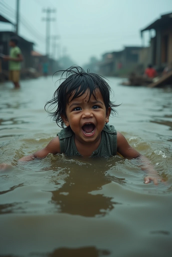 A small 2 year old child is stuck in flood water, Bangladesh and cries to be rescued, very realistic photo wanted, drowning in deep water