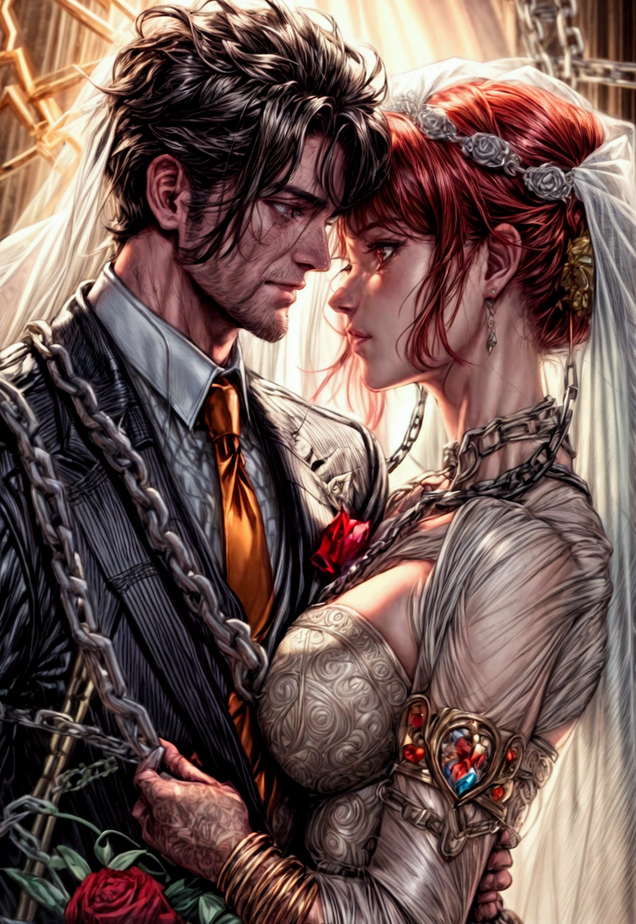 oil painting comic art, Julie Bell art of a groom held by ((radiant chains: 1.2)), in his wedding day and his bride, a handsome groom, wearing suit and tie, BREAK AND a beautiful, sexy bride, busty bride, wearing white lace wedding dress, the chain holds the groom, with chains, the chain forms the shape of red glowing heart, cinematic light, High Detail, Ultra High Quality, High Resolution, 16K Resolution, Ultra HD Pictures, Ultra Realistic, Clear Details, Realistic Detail, Ultra High Definition, rpg portrait, chain leash, Comistyle