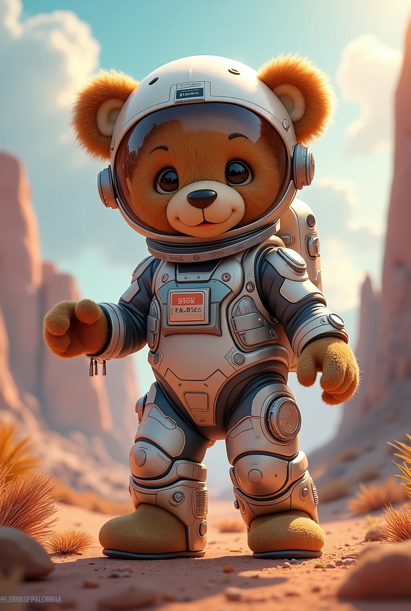 A teddy bear in a fancy spacesuit, representing the company's innovation and cutting-edge. He could be portrayed in an adventurous pose, as if exploring a new planet. The mascot could interact with the influencer in photo shoots, videos and advertisements, promoting the idea of innovation and cutting-edge products.