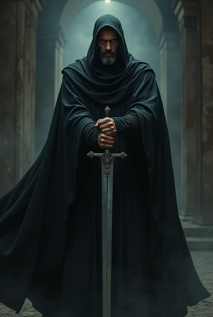 Strong muslim
man black drees with sword