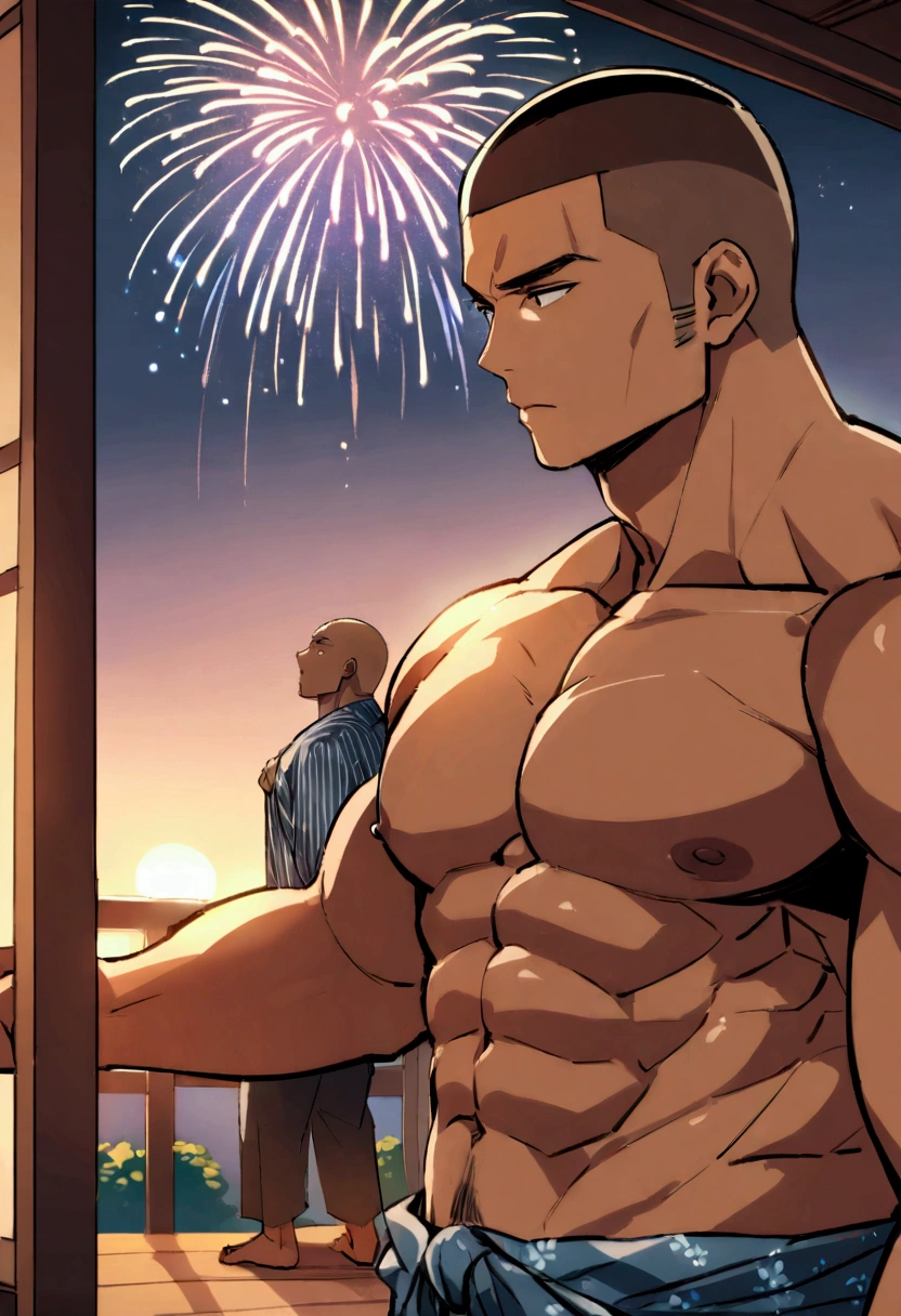 Highest quality、Midsummer evening、Short Hair、Sports haircut、Big macho man、A muscular man wearing a yukata watching fireworks on the veranda、Lonely face、Pectoralis major、Abdominal muscles、Brown skin、Shaved head