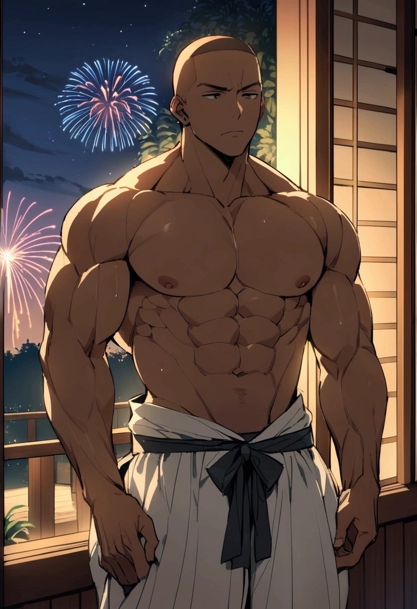 Highest quality、Midsummer evening、Short Hair、Sports haircut、Big macho man、A muscular man wearing a yukata watching fireworks on the veranda、Lonely face、Pectoralis major、Abdominal muscles、Brown skin、Shaved head