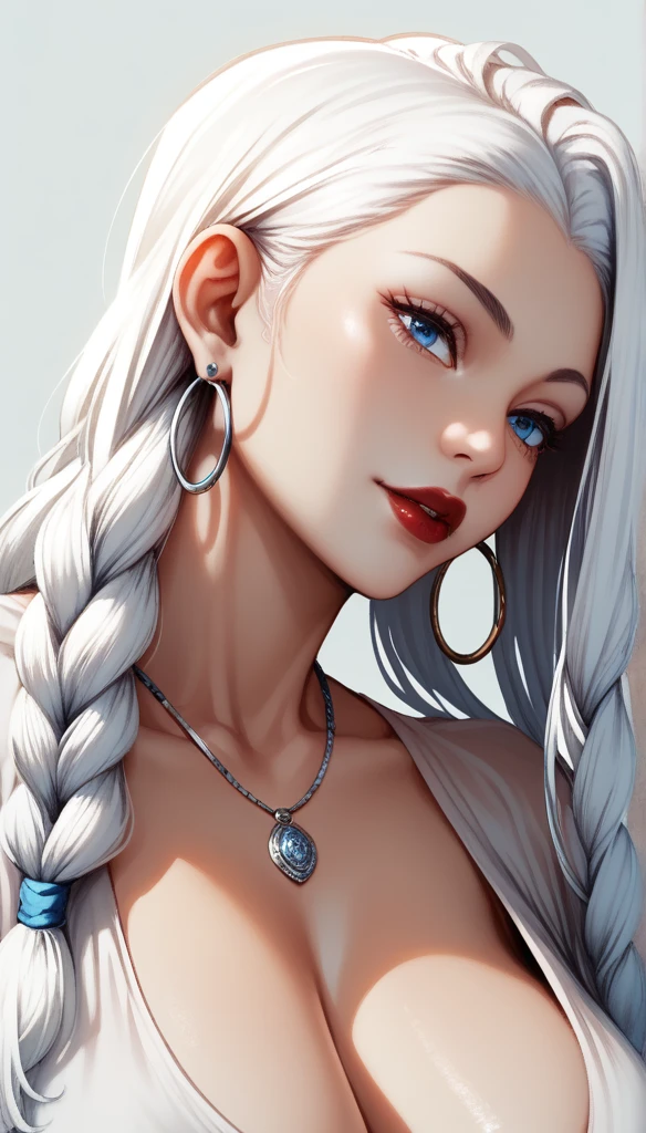 score_9, score_8_up, score_7_up, score_6_up, score_5_up, score_4_up, mei mei, blue eyes, white hair braid, large , necklace,big oversized hoops earrings ,red lipstick , detailed eyes ,navel piercing , cleavagy breasts ,pink iaree