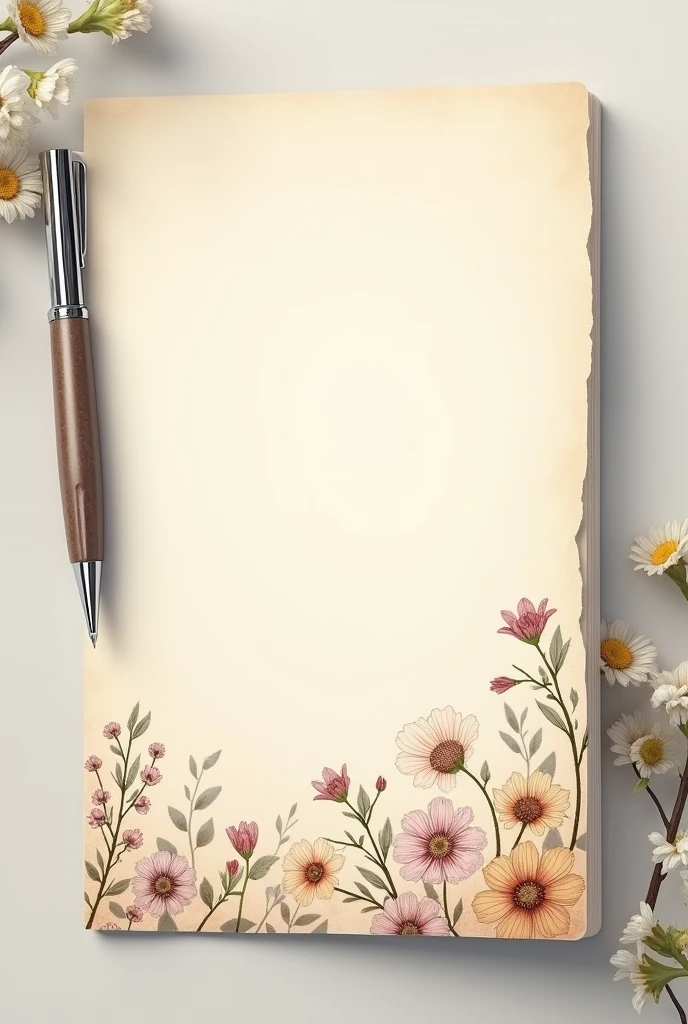 A white brownish page. The page with some flower design bottom side of the page. Left side of the page have a Parker Folio Stainless Steel Chrome Trim silver color Fountain Pen. 

