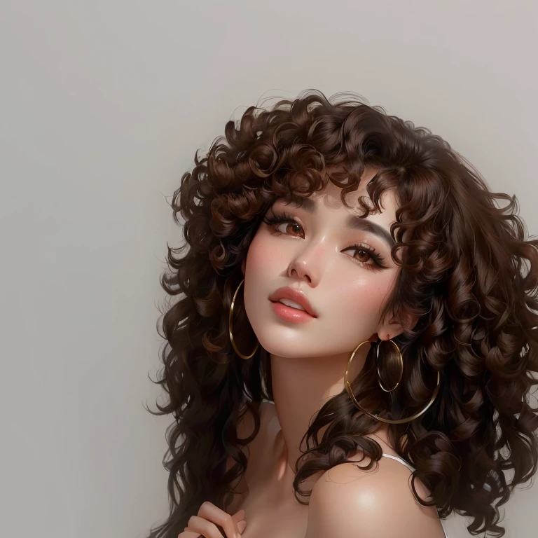 There is a woman with very large hoop earrings on her head., korean idol woman portrait, Kpop idol portrait, Beautiful young Korean woman, curly bangs, Beautiful young Korean woman, Korean artist, beautiful south korean woman, in the Art Style of bowater, photorealistic!!!!!!! Art Style, curly brown hair, curly brown hair, realistic studio portrait, korean girl