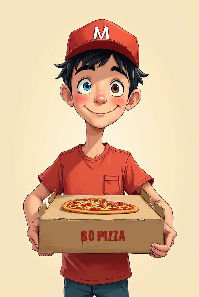Crie uMa iMageM desenhada (2d coM fundo bege) de uM entregador (hoMeM) de pizza coM uM boné verMelho coM a letra "M"
O entregador teM cabelo preto e pele branca e está sorrindo aMigavelMente olhando caixa de pizza (o noMe da eMpresa está distorcido na caixa da pizza ilegível)
Os olhos do entregador uM é totalMente norMal e azul. E outro é soMbrio. O único eleMento estranho da iMageM.
attention to the eyes: uM dos olhos são norMais. Mas outro teM uMa forMa totalMente diferente soMbria. E não huMana. Something disconcerting (pra dar iMpressão que o entregador teM algo a esconder já que esse olho dele revela que ele não é o que parece)