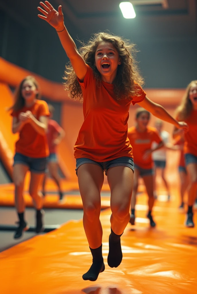 Des adolescents heureux dans un parc a trampolines orange avec des chaussettes noires 