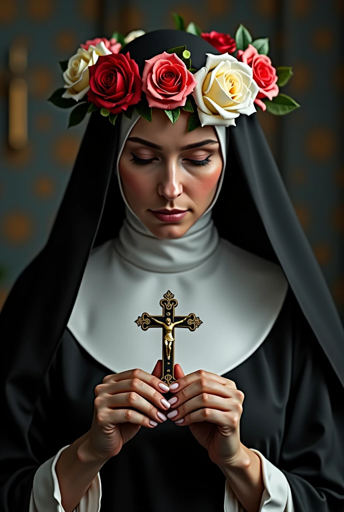 a woman dressed in nun's clothes, black and white outfit, on the head a crown of roses, holding a crucifix, serene and compassionate look, ultra realistic image, the color of roses are red white and pink, she is looking at the crucifix, she has a serene and compassionate look