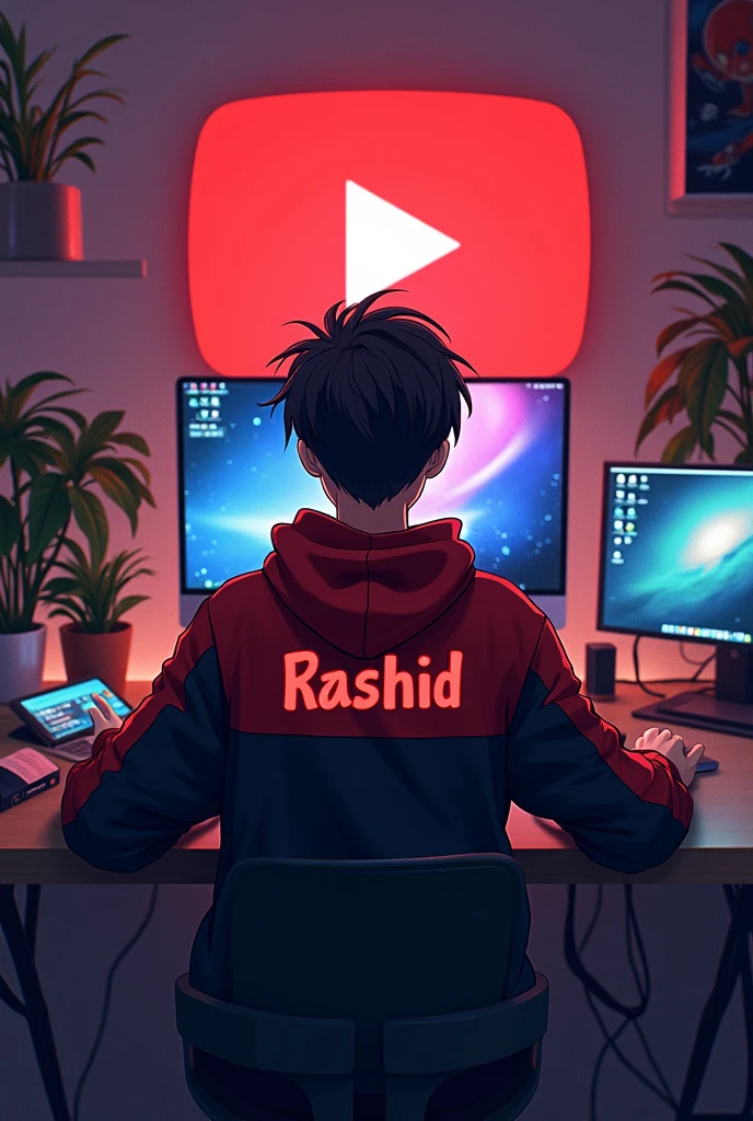 create a image of a 18 years anime boy sitting in front of a computer desk with a microphone and laptop wearing red and black hoodie with the channel name on it rashid tha background includes a large youtube logo on tha wall potted plants on either side and various recording equipment