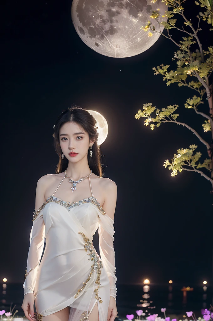 (((best quality))),(((ultra detailed))),(((masterpiece))),illustration,((1 beautiful girl,solo)),(long straight bob:0.8),((earrings,crystal necklace)),((slim,thin)),((small breasts,flat chest)),(stockings:1.3),(a gigantic moon in the clear night sky as the background:1.3), gentle glow,(Standing in the sea of vibrant flowers:1.3),(gorgeous white sheer Chinese dress:1.3),sparkling eyes,graceful,(colorful flowers:1.3), kaleidoscope, shimmer,bright moonlight, delicate petals, fragrance, otherworldly, magical realm, enchantment, tranquility, essence of beauty, peace,(outdoor:1.),(night scene:1.3),((from front,upper body))