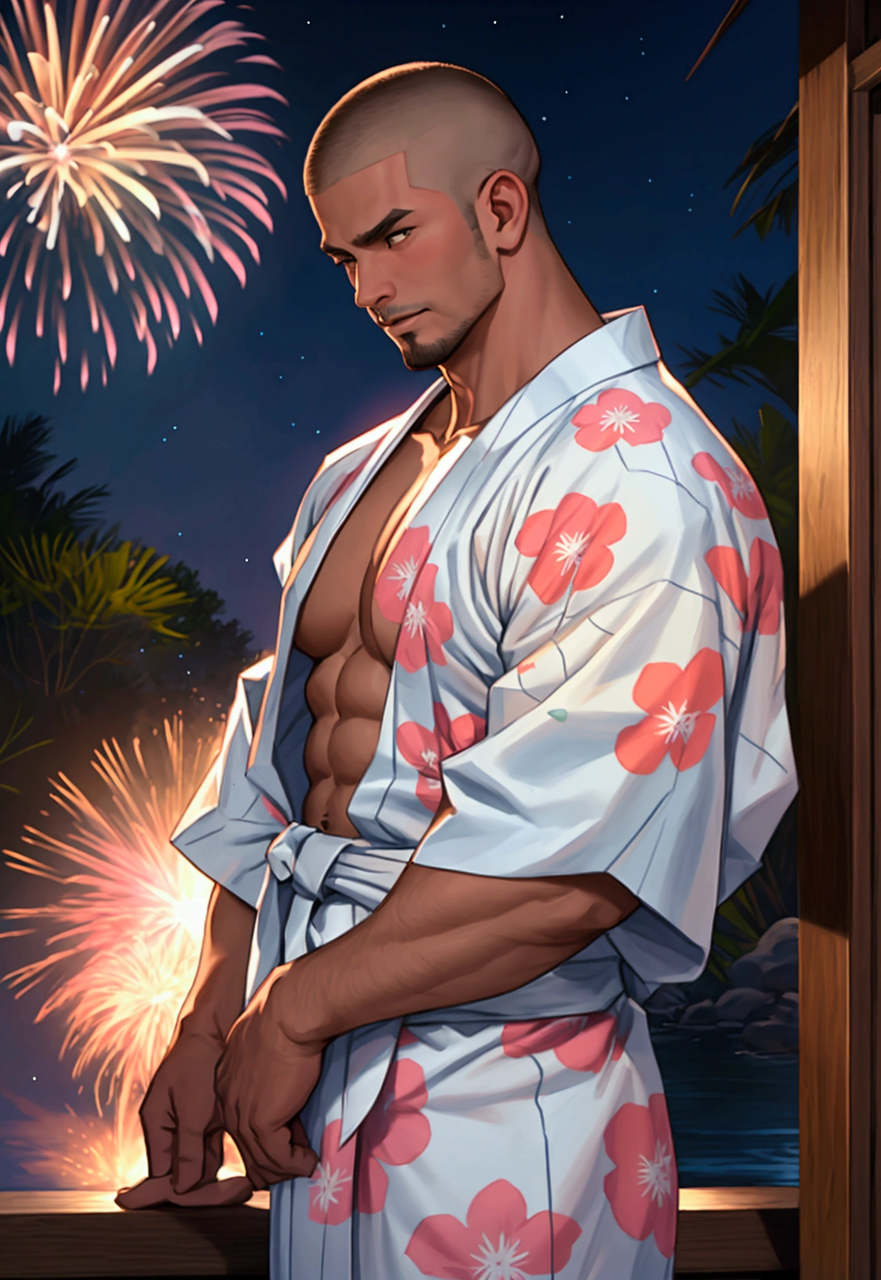 Highest quality、Midsummer evening、Short Hair、Sports haircut、Big macho man、A muscular man wearing a yukata watching fireworks on the veranda、Lonely face、Pectoralis major、Abdominal muscles、Brown skin、Shaved head