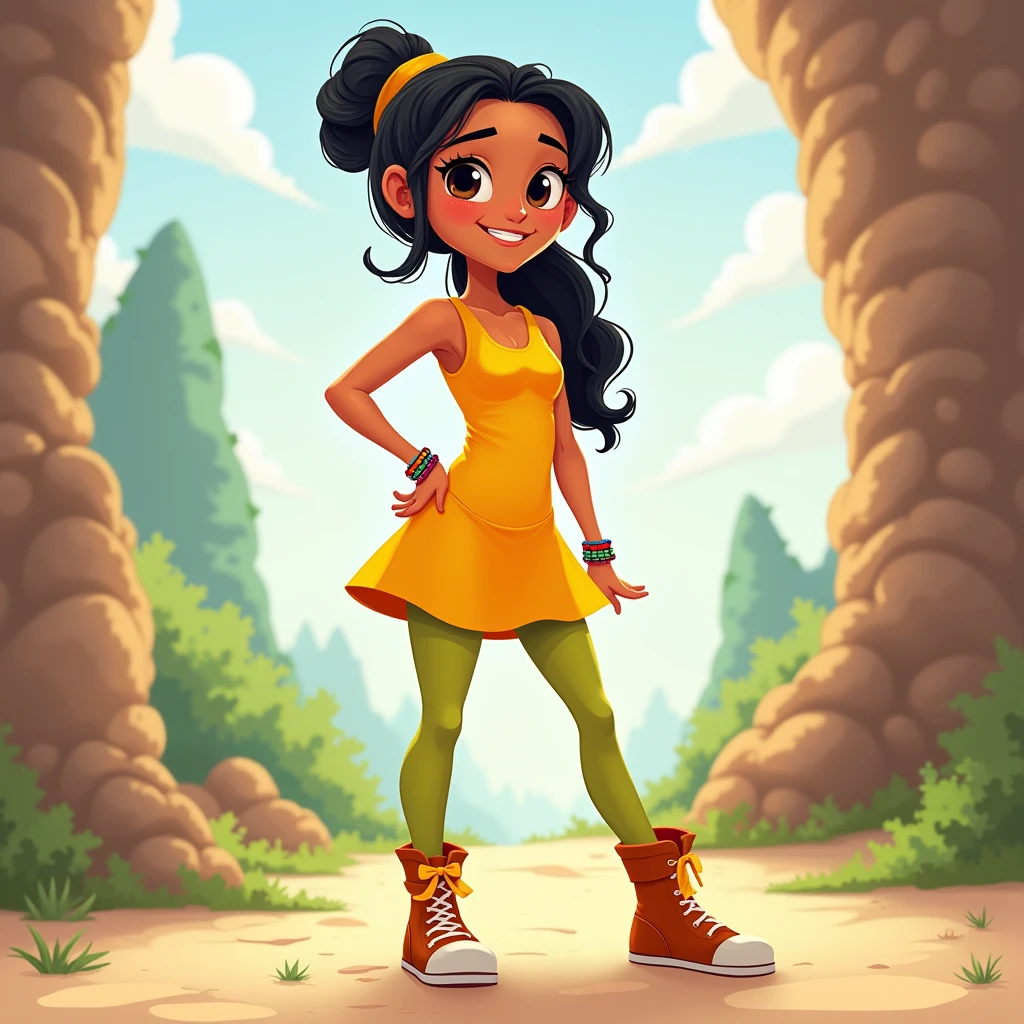 . Mia
Age:
Gender: Female
Height: Slightly shorter than Sam
Build: but strong, loves climbing and gymnastics
Hair: Long, wavy black hair, usually tied in a ponytail
Eyes: Dark brown eyes that sparkle when she's excited
Clothing: Wears a bright yellow dress with leggings and a pair of comfortable boots, often accessorizes with colorful bracelets
Personality: Mia is creative and compassionate, always thinking of others and coming up with clever solutions to problems. cartoon, avatar