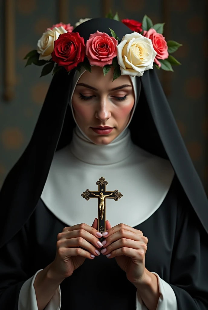 a woman dressed in nun&#39;s clothes, black and white outfit, on the head a crown of roses, holding a crucifix, serene and compassionate look, ultra realistic image, the color of roses are red white and pink, she is looking at the crucifix, she has a serene and compassionate look