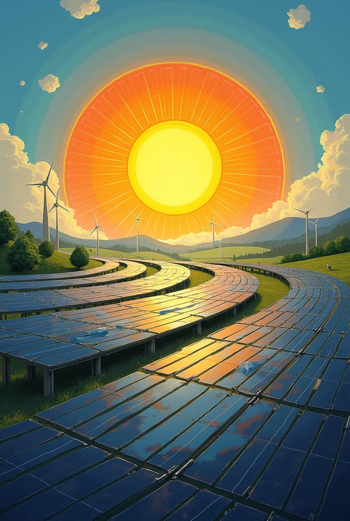 Create an artwork titled "Solar Symphony" to celebrate the harmony and potential of renewable energy. At the center of the painting, depict a large, radiant sun made up of various solar panels arranged in a circular pattern. The panels should be detailed with reflections and light, conveying their function in capturing solar energy. Surround the sun with vibrant colors like bright yellows and oranges at the center, blending into softer blues and greens towards the edges.

The background should feature a serene landscape with rolling hills and clear skies. Integrate subtle elements like wind turbines or trees to hint at other forms of renewable energy. Use flowing, rhythmic lines to connect the solar panels, symbolizing the seamless integration of solar power into our daily lives.
