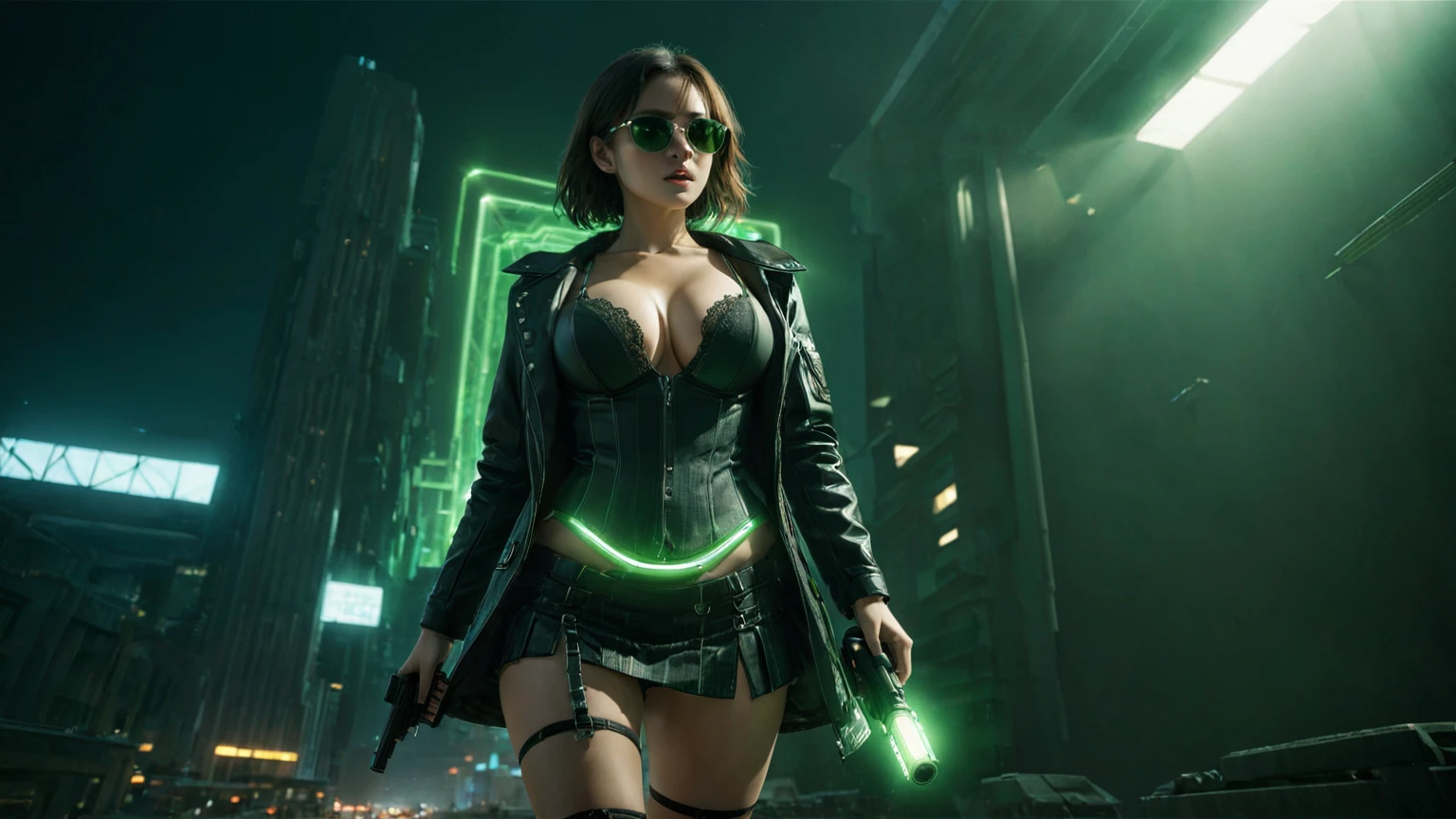 Matrix inspired surreal background, low angle view, green glowing cascading code, at dark night. (1girl, solo, alone), large-breast:1.2 slim:0.9 body, oval:0.8 face, cleavage:1.1, sexy black laced bra, low angle view of miniskirt, white laced panty, jacket, (black micro sunglasses), (holding a short gun), running pose, half-body thigh level medium shot, cinematic lighting, ray tracing.