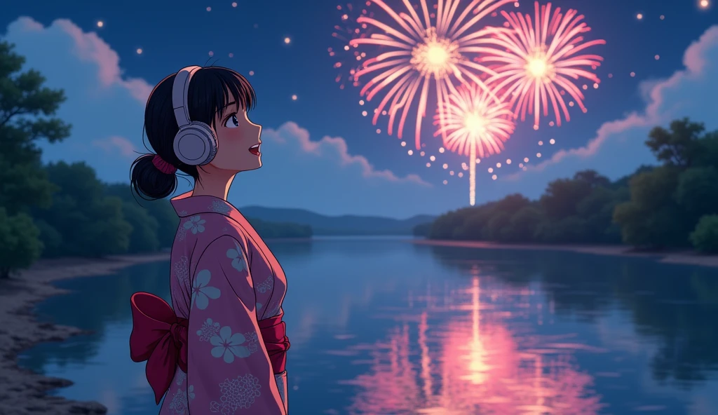 Perfect image, night、Calm atmosphere、Riverbank、Watch the fireworks、Female college student、yukata、Big Breasts、Use headphones、excited、looks fun、smile、2D-style animation, Lo-Fi、Retro、Anime style illustrations、Line art with clear outlines
