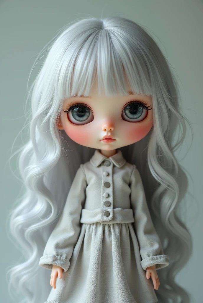 blythe doll smiling with fair skin, less blush, dark pupils, grey hair and light grey clothes