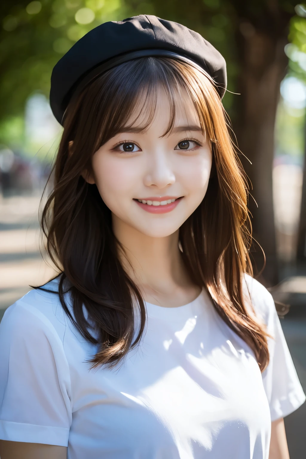 (masterpiece, Highest quality:1.1), (8k, RAW Photos, Photorealistic:1.2, f22), (Glowing Skin), , Detailed skin,Long Hair,ribbon,Detailed face, Detailed eyes,smilee,break, Real World, Intricate details, smile, break, One person, whole body,(Short sleeve,cap),break