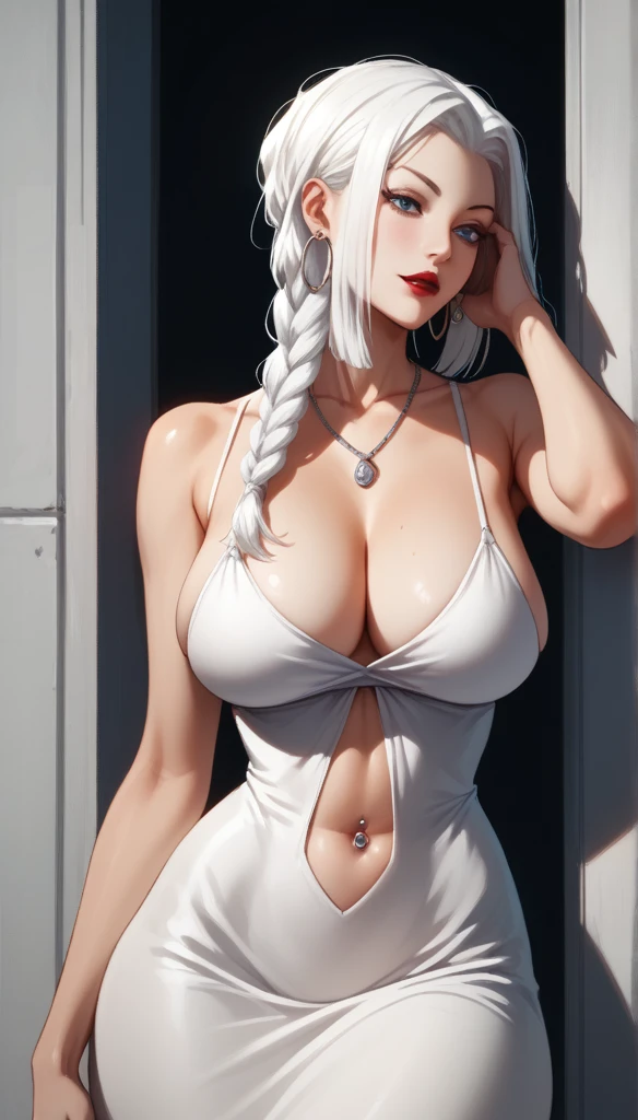 score_9, score_8_up, score_7_up, score_6_up, score_5_up, score_4_up, mei mei hand over head , blue eyes, white hair braid, large breasts,  necklace,big oversized hoops earrings ,red lipstick , detailed eyes ,navel piercing , cleavage , saggy breasts ,white dress, bare legs