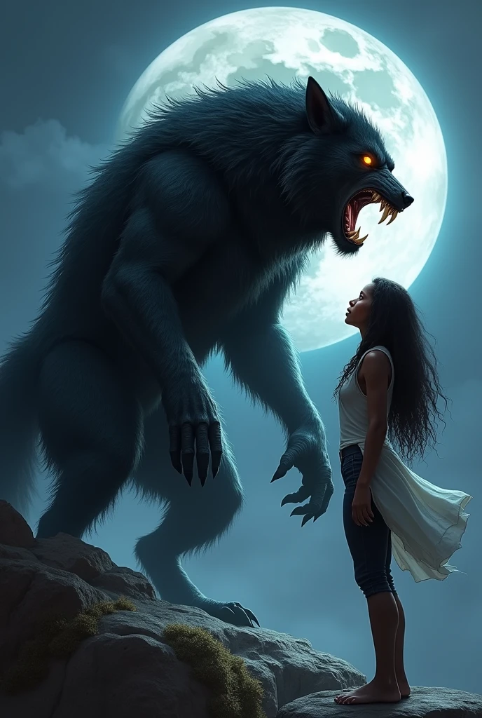 A realistic picture of a werewolf with black fur and amber eyes standing on his back paws growling at a young black lady while the moon stood tall behind the werewolf on a cliff