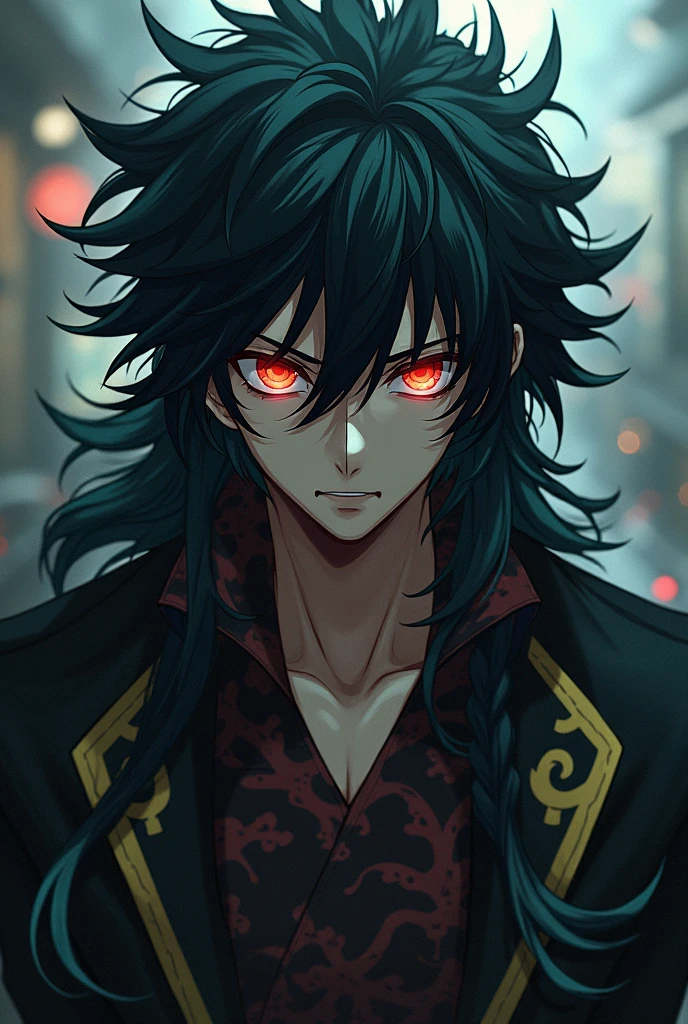 Create a male character in Kimetsu no Yaiba style:
body hair: tenebrosa, with highlights in a vibrant color (cerulean, doradas, red or green depending on the variation)
eyeballs: Intense reds, que refletem determinação e emoção
eyeballs: Intense reds, that reflect determination and emotion Personality: determined, focused on justice and duty, but also capable of showing emotions such as sadness and anger Capable of moments of introspection, showing a mixture of determination and melancholy