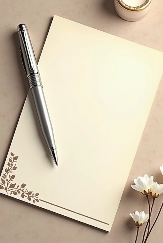 A white brownish page. The page with some flower design bottom side of the page. Left side of the page have a Parker Folio Stainless Steel Chrome Trim silver color Fountain Pen. Pen is completely silver color don't use other colors.