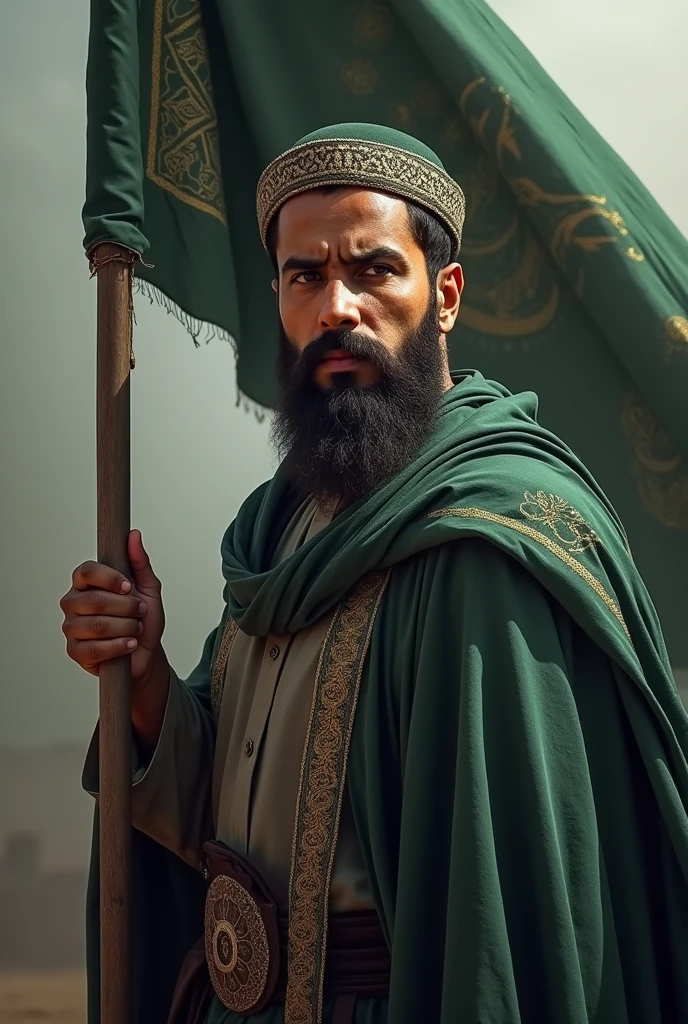 Strong muslim 
Man full beard one handed islamic flag

