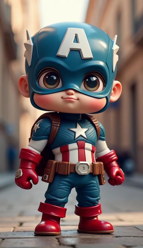 Captain America's head, human body shape, a pair of big shining eyes, face and body facing me, full body photo, Q version cute character