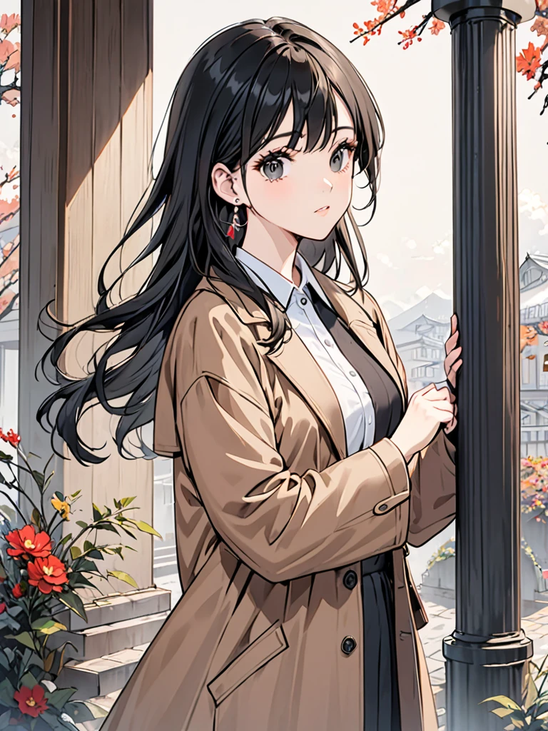 A 32 year old woman with long black hair with a little gray and black eyes, face and body, wearing a brown_coat,coat,collared_shirt,column,earrings.