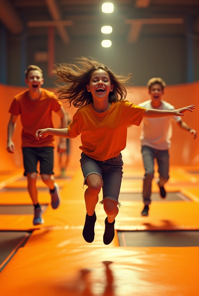 Des adolescents heureux dans un parc a trampolines orange avec des chaussettes noires
