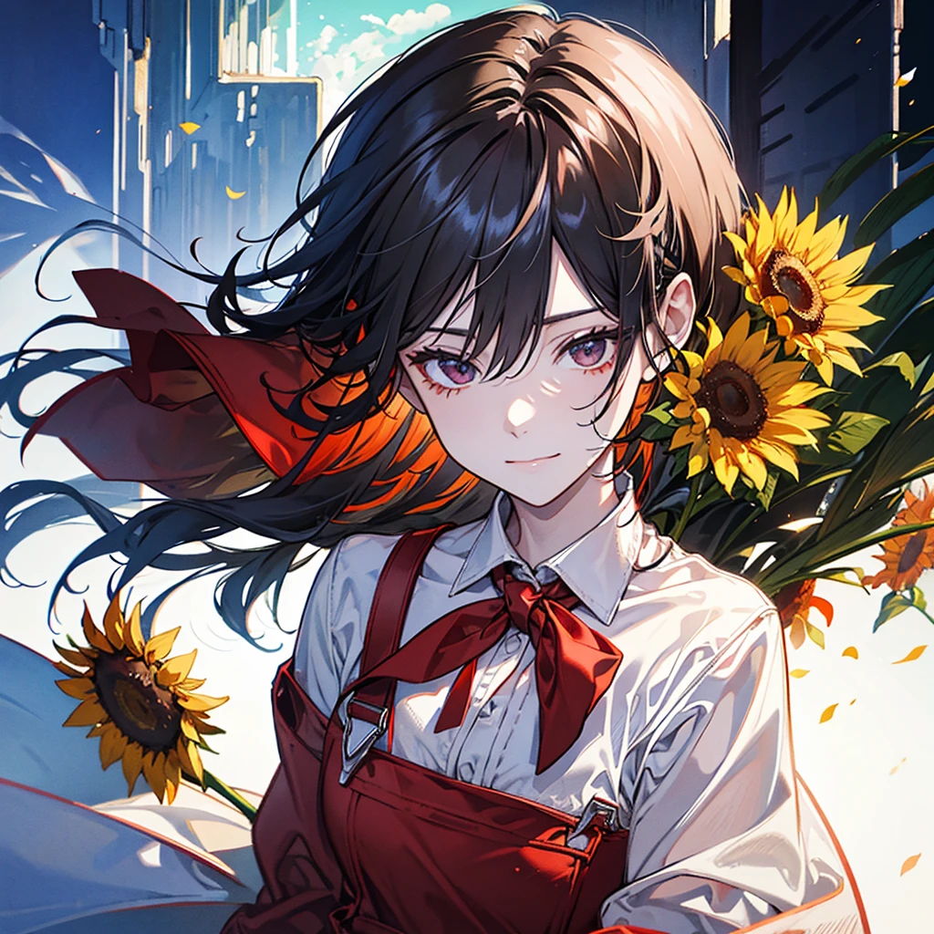 Focus on sunflowers Man in red overalls(10th Generation White skin A kind smile Black Hair Forehead Water the sunflowers)Midsummer