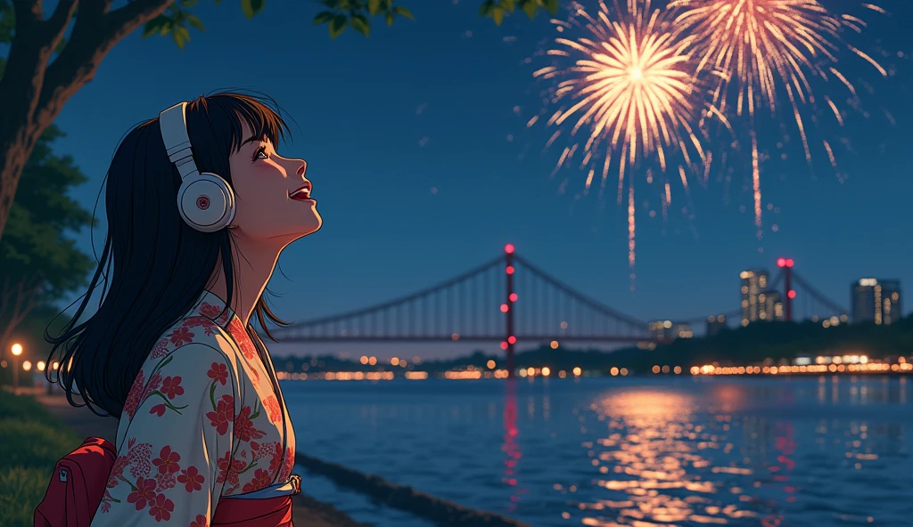 Perfect image, night、Calm atmosphere、Riverbank、Watch the fireworks、Female college student、yukata、Use headphones、excited、looks fun、smile、2D-style animation, Lo-Fi、Retro、Anime style illustrations、Line art with clear outlines