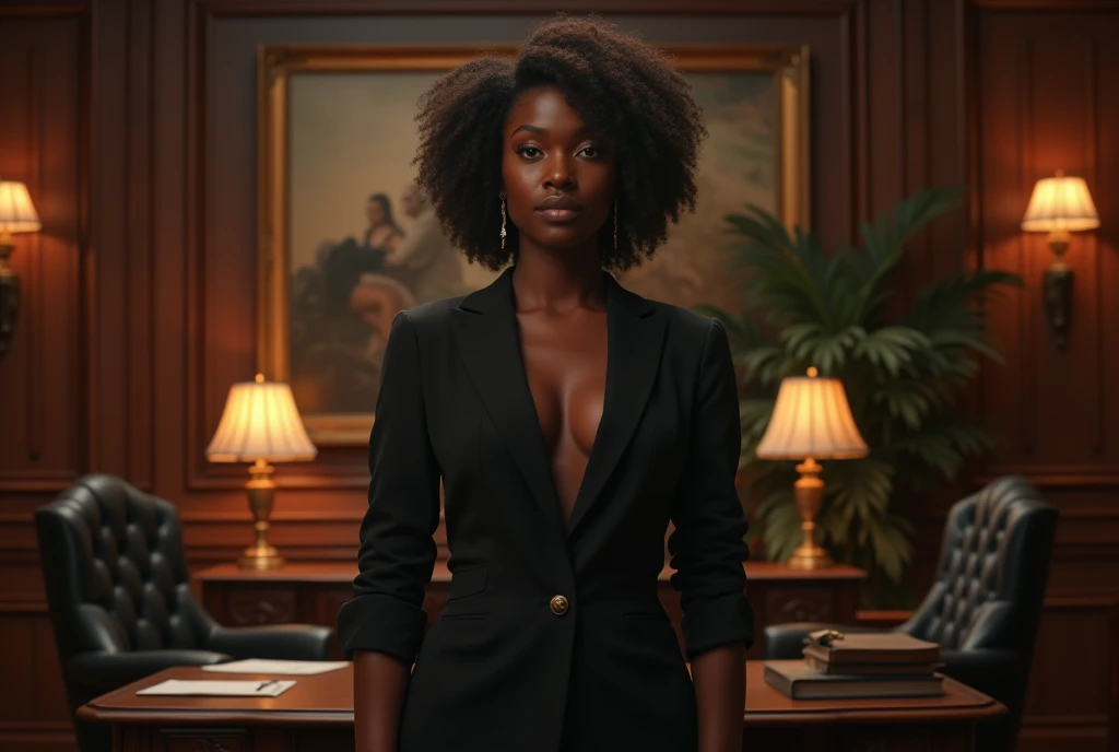beutifull black woman standing looking at camera and arms along her body, at an office in style of the godfatter movies,