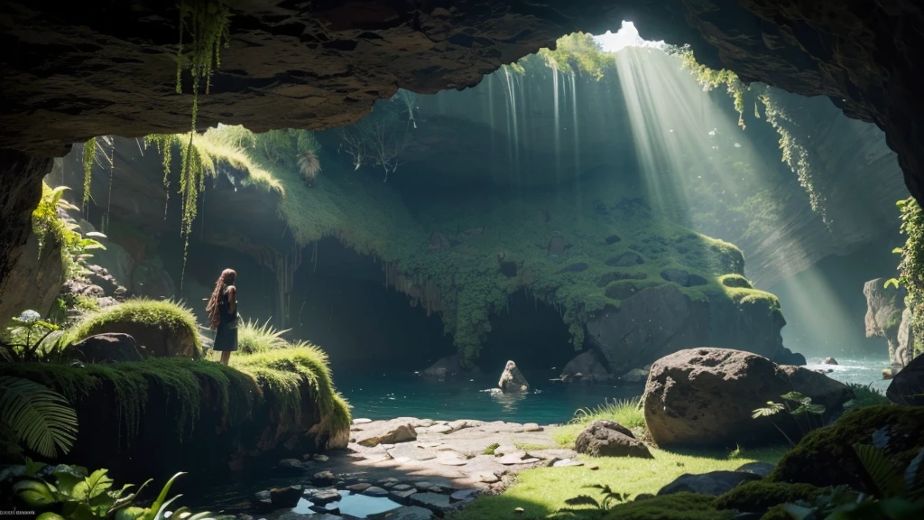 Strong light, Strong contrast, In an open-roofed cave、Sunlight shines through green moss and ferns。, And open( Ocean View:1.1) end, Cel-shaded rendering, 4K, 360 degrees, Equirectangular projection, what, one person's, 30-year-old woman、Beautiful woman、Long blonde hair、White Latex Leotard、White Long Boots、White arm cover、masterpiece, 最high quality, high quality, High resolution, (((Face close-up))),Beautiful big breasts,Fair skin,tall,Half Japanese and half Russian,Must be created by only one woman