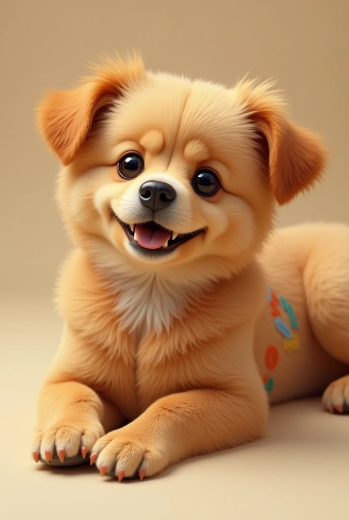 A caramel dog lying down and that looks like it has a design similar to a betting site is what attracts attention
