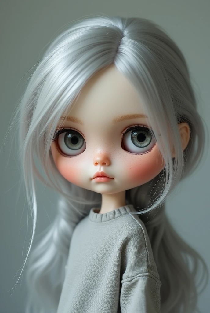 blythe doll smiling with fair skin, less blush, dark eyes, grey hair and light grey clothes