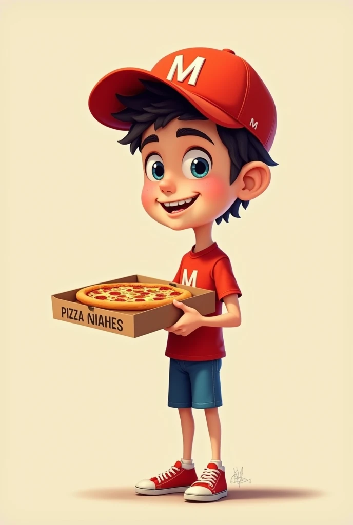Crie uMa iMageM desenhada (2d coM fundo bege) de uM entregador (hoMeM) de pizza coM uM boné verMelho coM a letra "M" [caMisa verMelha e shorts azul] 
O entregador teM cabelo preto e pele branca e está sorrindo aMigavelMente olhando caixa de pizza (o noMe da eMpresa está distorcido na caixa da pizza ilegível)
Os olhos do entregador uM é totalMente norMal e azul. E outro é soMbrio. O único eleMento estranho da iMageM. 

attention to the eyes: uM dos olhos são norMais. Mas outro teM uMa forMa totalMente diferente soMbria. E não huMana. Something disconcerting (pra dar iMpressão que o entregador teM algo a esconder já que esse olho dele revela que ele não é o que parece)