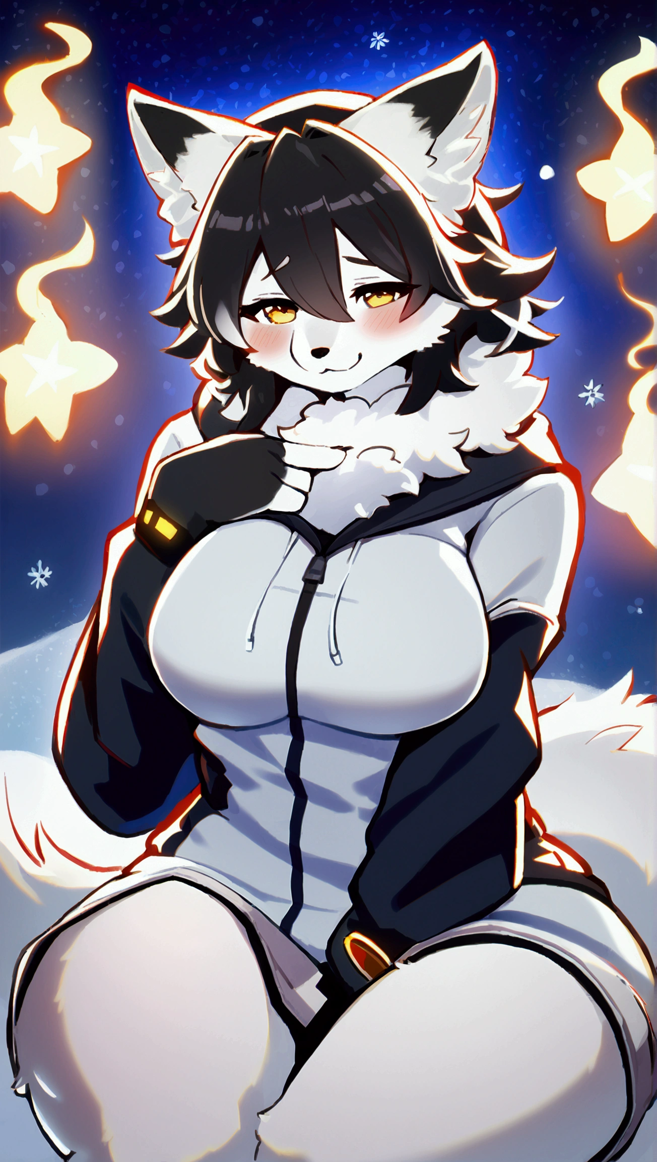 top quality, best quality, High-quality illustrations, masterpiece, 16k, 1080p, uploaded on e621)(kemono, furry, anthro, alone), round, 1 female, hot mother figure, very detailed body face and eyes, white fox, Tiare, (Alchemy Stars), white fur, fluff, big breasts, tail, perfect eyes, yellow eyes, black hair, beautiful winter clothes, winter hoodie on, beautiful night, body movement, body twitching, shy smile, red blushing,
