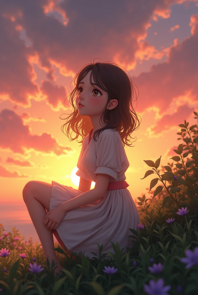 A cute girl sitting in sunset view and start thinking