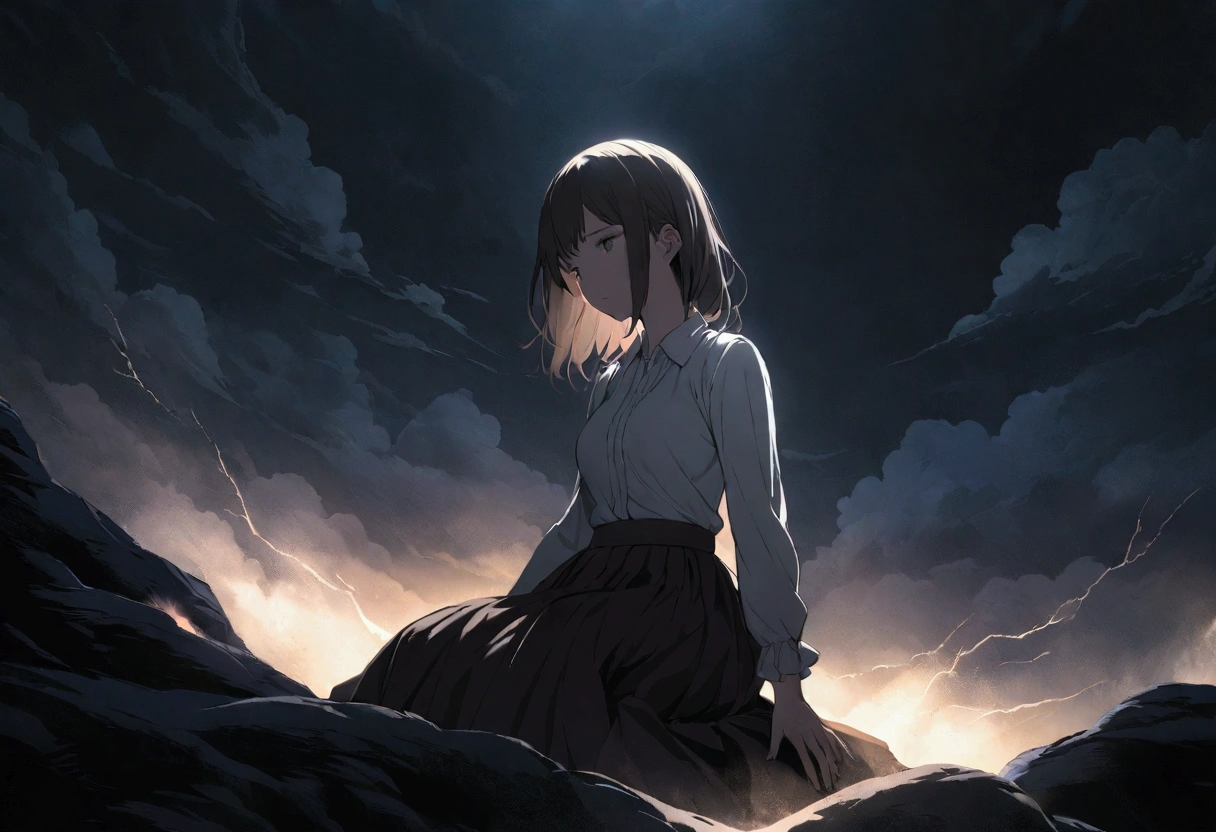 (Highly detailed CG Unity 8k wallpaper), Outdoor,Beautiful young woman in a storm, skirt, sit, full_body, dramatic, バックLight, Light, Volumetric Lighting, Delicate face, Simple Background